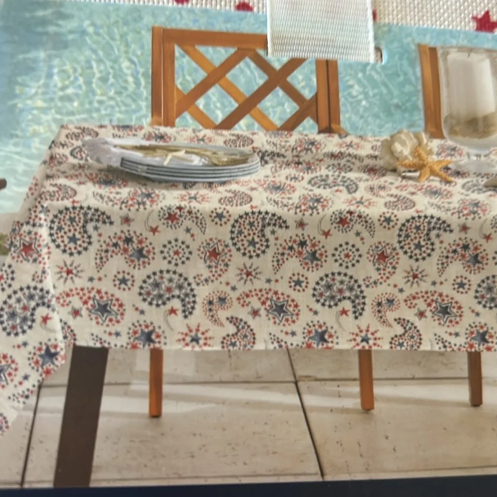 Nautica Tablecloth Americana Red White Blue 4th of July 60”x 104” Stars paisely